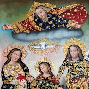 Sacred Family Original Painting Oil on Canvas Cusco School 7 3/8 x 11 1/4 CS52504