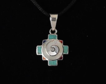 Chakana Pendant with Pachamama Spiral Stone and Shell Inlay 950 Silver Sacred Valley Peru P112587