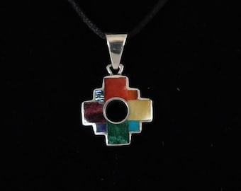 Reversible Chakana Pendant Peru 950 Silver and Stone Inlay Sacred Valley 112582