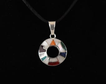 Inca Calendar Pendant with Stone and Shell Inlay 950 Silver Sacred Valley P112584