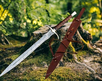 Unique Christmas Gift | Hand Forged Viking Damascus Steel Sword | Sword W Leather Sheath|Medieval Design for Collectors | Holiday Gift Idea