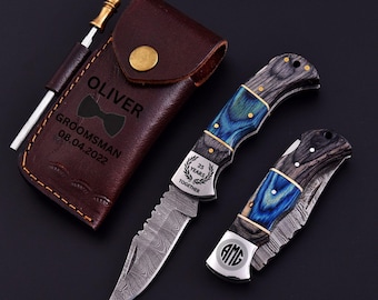 Damascus Pocket Knife Wooden Birthday Gift Folding Knife Groomsmen Gift Anniversary Wedding Personalized Gift for Men Women Gift for dad