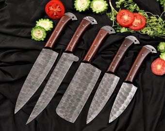 5pc Damascus Chef Knife Set – Hand-Forged Kitchen Knives with Wooden Handles  Christmas Gift, Wedding Gift, Unique Christmas Gift