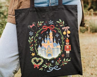 Disney Castle Tote Bag, Christmas Tote bag, Xmas Party Bag, Minnie Mouse Tote Bag, Christmas Coquette Tote Bag, Holiday Tote Bag