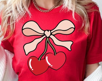 Coquette Cherry and Bow Shirt, Aesthetic Cherry Shirt, Cute Ribbon Shirt, Cherries Shirts, Coquette Bow Shirt, Valentines Day Gift, Love Tee