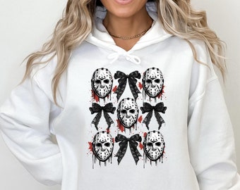 Halloween Skull Sweatshirt, Horror Skull Hoodie, Skeleton Sweatshirt, Halloween Gift, Coquette Bow, Halloween Party,Spooky Season Sweatshirt