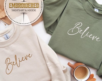Sudadera navideña bordada Believe, camiseta de fiesta navideña, camiseta familiar navideña, camiseta Believe, sudadera navideña, regalo de Navidad