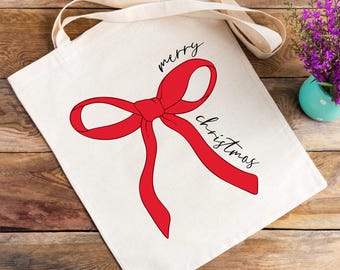 Merry Christmas Tote Bag, Christmas Coquette Tote Bag, Aesthetic Bow Tote Bag, Christmas Gift Idea, Holiday Tote Bag, Xmas Party Gift Bag