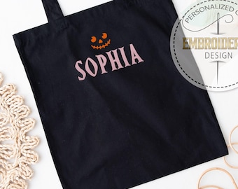 Embroidered Pumpkin Face Tote Bag, Personalized Tote Bag, Custom Name Tote Bag, Jack And Sally, Horror Tote Bag, Halloween Treat Bag