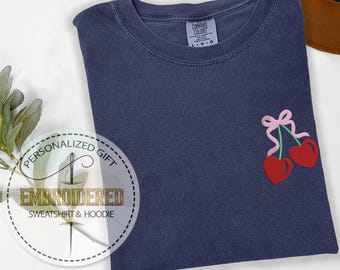 Embroidered  Cherry T-Shirt, Comfort Colors Valentines Day Cherry Shirt, Valentines Day Gifts, Coquette Cherry and Bow Shirt,Cute Ribbon Tee
