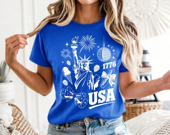4th of July Shirt Women, Coquette Patriotic Tee, Retro USA 1776 Collage, Independence Day Gift Her, American Flag Cute Graphic Top
