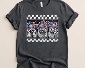 Camiseta divertida de vaca de las Tierras Altas para el 4 de julio para mujer / Camiseta con gafas de sol y bandera estadounidense patriótica / Regalo para chica campestre del Día de la Independencia / Top de animales de granja de EE. UU.