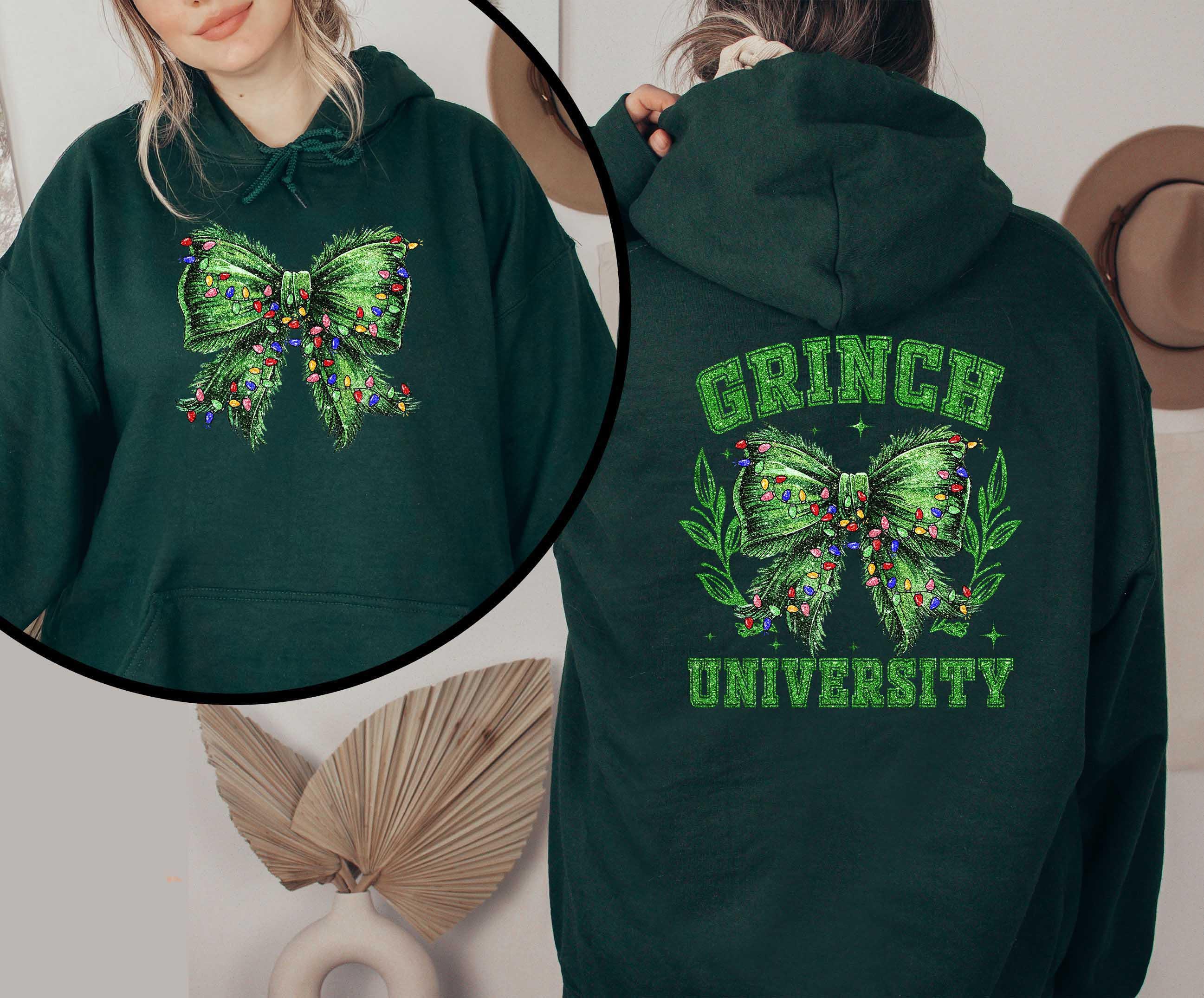 Grinchmas Coquette Bow Sweatshirt, 2 Sided Sweatshirt, Grinchy Christmas Shirt, Christmas Mom Gift, Christmas Lights Shirt, Christmas Gift