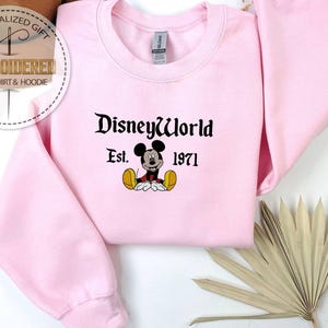 May include: A pale pink crew neck sweatshirt with the text "DisneyWorld Est. 1971" in black, and a Mickey Mouse graphic. The image also includes a decorative dried palm leaf. The sweatshirt is a casual style.