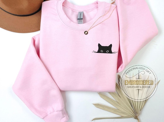 Embroidered Cat Sweatshirt, Cute Cat Hoodie, Black Cat Sweatshirt, Cat Peeking, Women's Funny Shirt, Gift for Cats Lover, Cat Mom Sweatshirt