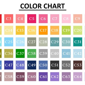 Puede incluir: Una carta de colores que presenta una cuadr&iacute;cula de sesenta y seis muestras de color cuadradas distintas, cada una etiquetada con un c&oacute;digo de C1 a C66. La paleta incluye una amplia gama de tonos, incluidos rojos, rosas, amarillos, naranjas, verdes, azules, grises y marrones.