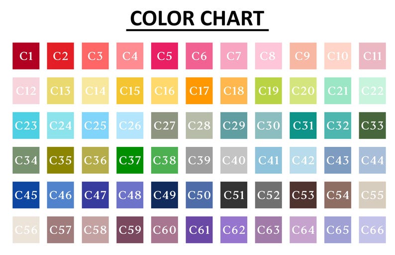 Puede incluir: Una carta de colores que presenta una cuadr&iacute;cula de sesenta y seis muestras de color cuadradas distintas, cada una etiquetada con un c&oacute;digo de C1 a C66. La paleta incluye una amplia gama de tonos, incluidos rojos, rosas, amarillos, naranjas, verdes, azules, grises y marrones.