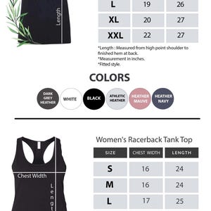 May include: Size chart for women's V-neck t-shirts and racerback tank tops. Includes chest and length measurements in inches for sizes S to 2XL. Available colors are dark grey heather, white, black, athletic heather, heather mauve, and heather navy.