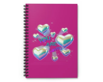 You Are Loved, Trippy Hearts, Y2K Aesthetic, Pink Spiral Notebook, Rule Lined