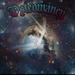 May include: Digital artwork with the word "Osteomancy" in a decorative font, set against a cosmic background with a clock face and bone-shaped hands. The image uses blues, purples, and white hues.