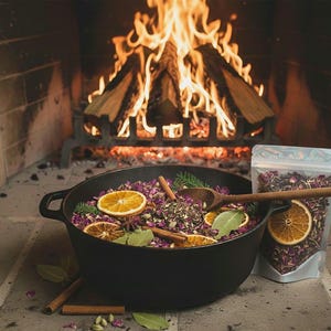 May include: A black cast iron pot filled with dried flowers, orange slices, and spices, with a wooden spoon resting inside. A clear bag of similar ingredients sits beside the pot. A fireplace with burning logs is in the background.