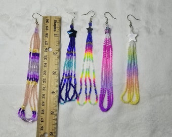 Star beaded earring with seed bead fringe. Pastel, pink, blue, purple or matte neon colors