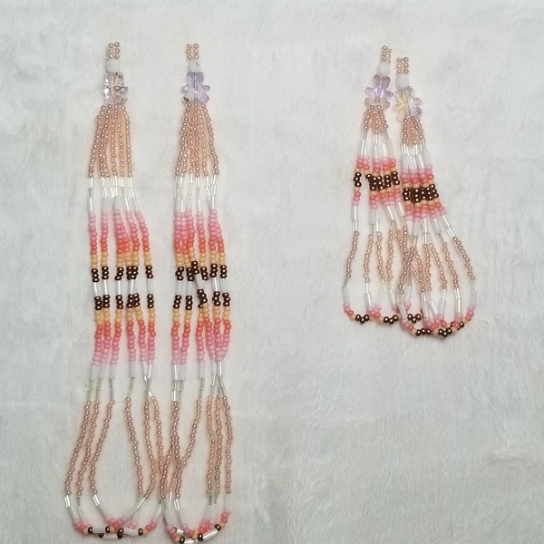 Native American Handmade Beaded Earrings, pink teddy bear glass bead with 3 loop Fringes,  pinks and bronze seed beads. Boho hippie dangle