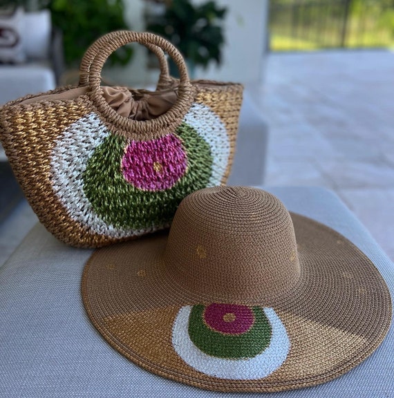 Summer Straw Fedoras Hat Hand Painted in Gold Green Pink and  display picture 3