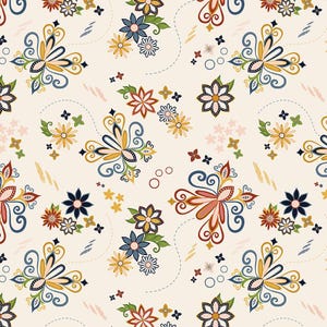 May include: A cream-colored floral pattern featuring stylized flowers in shades of blue, yellow, red, and green. The design includes swirling lines, small star-shaped accents, and dotted lines, creating a decorative and intricate look. The overall theme is a vintage floral design.