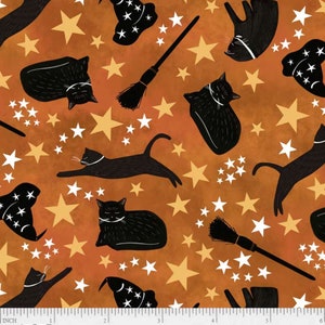 Black Cat Toss in Orange, Practical Magic by Jacqueline Wild for P&B Textiles, PMAG-5362-O, Halloween Collection, 1/2 Yard Increments