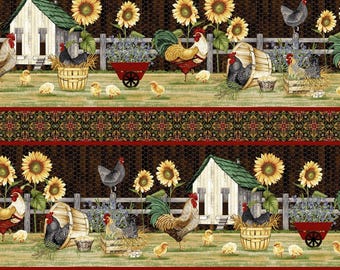 Border Stripe, Chicken Shack by Jan Mott for Henry Glass & Co, Barnyard Chickens, Sunflowers, 3316-99 Black, 1/2 Yard Increments, New
