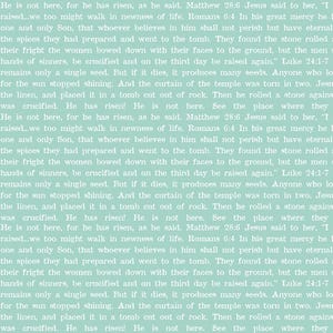 May include: A seamless pattern featuring white text on a light teal background. The text is a repeating passage from the Bible. The design is suitable for fabric, wallpaper, or other craft projects.