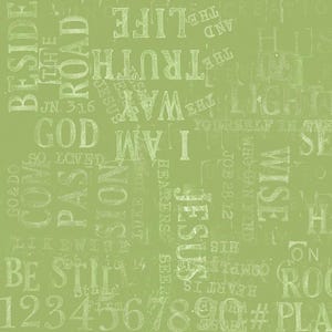 May include: A light green background with white text overlay. The text includes words like "God", "Jesus", "Life", and numbers. The words are in various fonts and sizes, creating a textured effect.