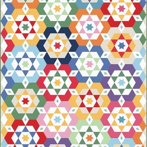 May include: A colorful geometric pattern featuring hexagonal shapes in a variety of colors including red, orange, yellow, green, blue, and purple. Each hexagon contains a star shape in the center, and the pattern is bordered by a green frame.