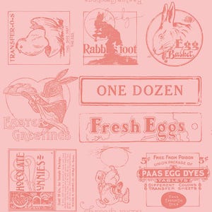 May include: A pink Easter-themed pattern with various vintage illustrations. The design includes images of rabbits, eggs, and text such as "Easter Greetings," "Fresh Eggs," and "One Dozen." The overall aesthetic is reminiscent of antique packaging and advertisements.