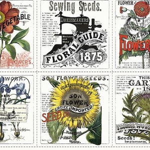 May include: A vintage-style collage of six seed packets featuring illustrations of flowers and plants. The packets are labeled with the names of the flowers and plants, as well as the year 1875. The text on the packets includes "Sewing Seeds", "Floral Guide", "Illustrated Flower Seeds Garden", "Son Flower Seeds", "Thistle Garden", and "Floral Work Catalogue".