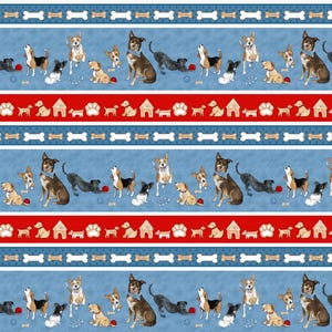 Border Stripe, A Place To Call Home by Grace Violet Designs for Henry Glass & Co, Dog Theme, 1424-78 Blue Multi, 1/2 Yard Increments, New