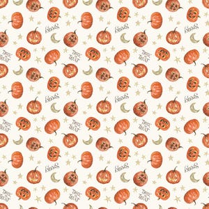 May include: A seamless pattern featuring orange jack-o'-lantern pumpkins with spooky faces, stars, and crescent moons. The text "Trick or Treat" and "Spooky" are repeated throughout the pattern.