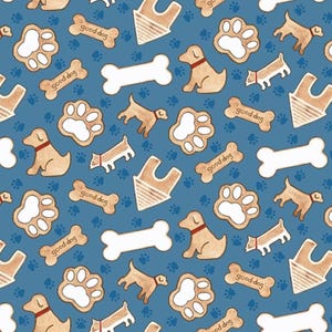 Tossed Dog Treat, A Place To Call Home by Grace Violet Designs for Henry Glass & Co, Dogs Paws, 1420-74 Blue/Multi, 1/2 Yard Increments, New