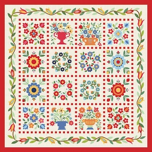 May include: A square quilt with a red border and a cream-colored center. The center features a grid of floral designs in various colors, including red, blue, yellow, and orange. A green vine with flowers frames the quilt.