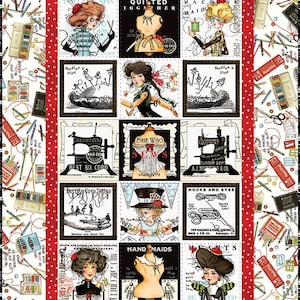 May include: A quilt featuring a central grid of twelve square panels depicting sewing-themed illustrations, including dress forms, sewing machines, and figures, surrounded by a red polka-dot border and a white background with sewing supplies.