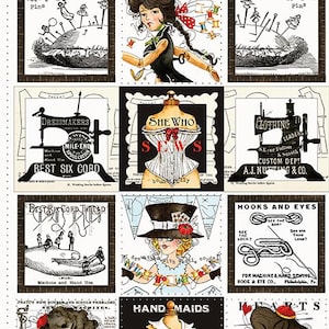 May include: A fabric panel featuring a grid of illustrations related to sewing, including dress forms, vintage sewing machines, spools of thread, needles, pins, and stylized figures with text like Quilted Together, She Who Sews, and Hand Maids.