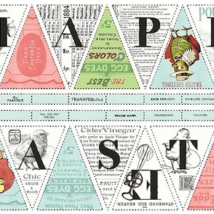 May include: A vintage-style banner with the words "HAPPY EASTER" in large black letters. Each letter is on a triangular pennant with a collage of Easter-themed images and text, including eggs, chickens, and vintage advertisements.
