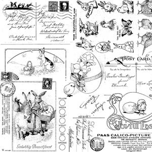 May include: A collage of vintage Easter-themed illustrations and ephemera. The design includes postcards, stamps, rabbits, chicks, and decorated eggs. The color palette is primarily black and white with some color swatches.