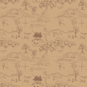 May include: A repeating pattern of a vintage map in shades of brown. The map features hand-drawn illustrations of trees, houses, and landmarks, with text labels like "100 Aker Wood" and "Pooh Bear's House". The overall theme is a whimsical, storybook aesthetic.