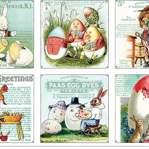 May include: A collage of vintage Easter-themed illustrations featuring anthropomorphic rabbits and decorated eggs. The images include text such as "Paas Egg Dyes" and "Easter Greetings". The color palette is soft, with pastel hues.