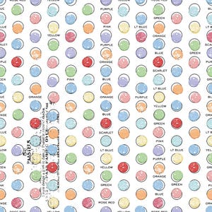 May include: A repeating pattern of colorful circles on a white background. Each circle is labeled with a color name, such as "Rose Red," "Yellow," and "Purple." The image also includes text that reads "PAASTELS FABRIC DYES."