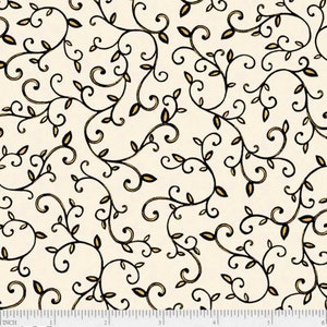 May include: A seamless fabric pattern featuring a repeating design of black and gold stylized vines with leaves. The background is a light cream color.