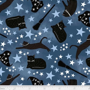 Black Cat Toss in Blue, Practical Magic by Jacqueline Wild for P&B Textiles, PMAG-5362-B, Halloween Collection, 1/2 Yard Increments