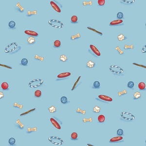 Tossed Toys, A Place To Call Home by Grace Violet for Henry Glass & Co, Dog Bones, Toys, 1427-78 Blue Multi, 1/2 Yard Increments, New
